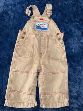 12m Please Mum 1990s  vintage boys Beige Overalls lined Anchors Away Patch GUC